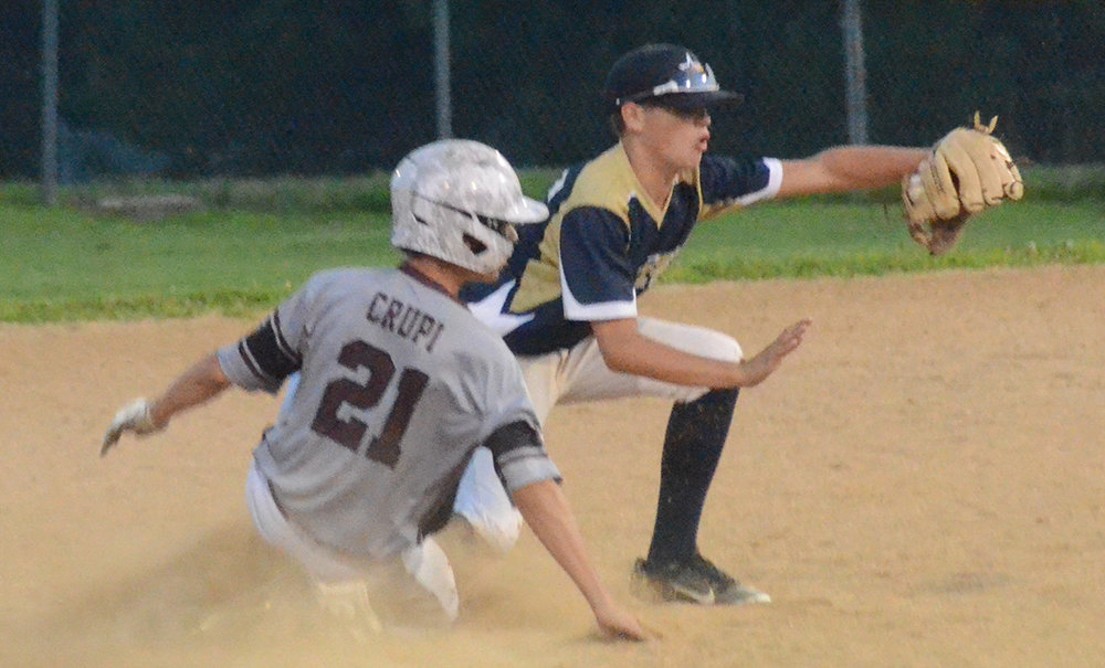 Pine Bush second baseman Justin Engelsen tries to double off Harrison’s Joe Crupi during Wednesday’s Section 3 North Junior baseball championship game at Stony Point Little League.